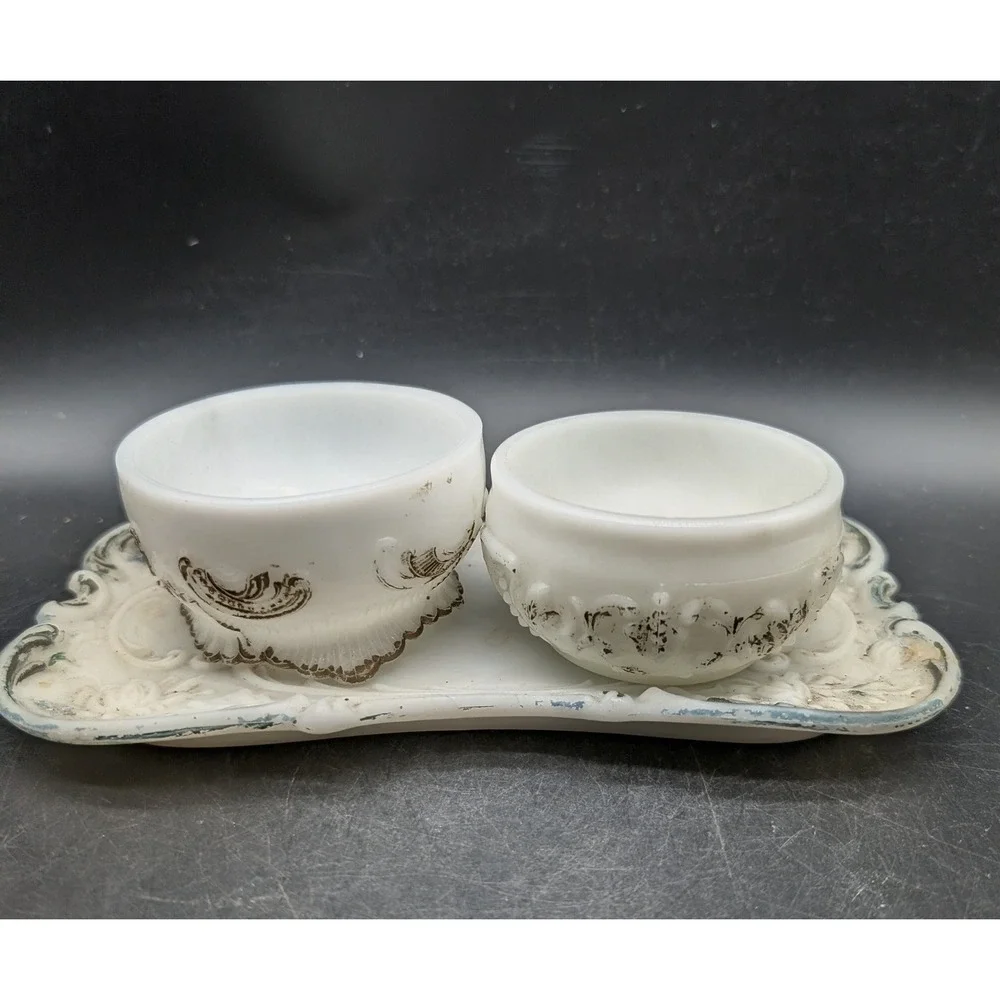 Antique Dithridge Glass Vanity Set 3 Piece Embossed Tray Jars Shabby Chic White